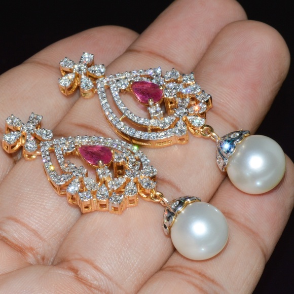 CERTIFIED NATURAL 24.16CTS VS F DIAMOND RUBY SOUTH SEA PEARL 18K GOLD EARRINGS - Picture 6 of 14